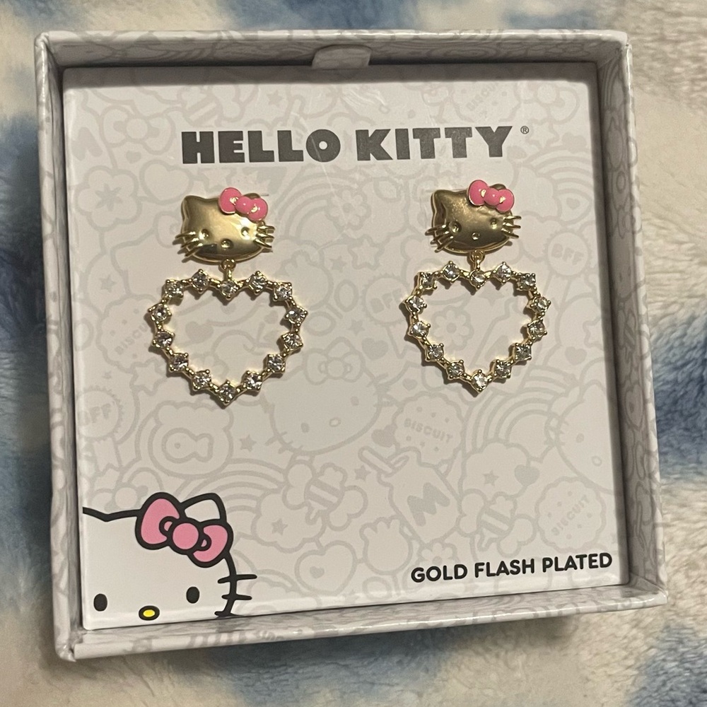 Brand New, Never Worn Hello Kitty Gold and Pink Drop Heart Earrings - girly